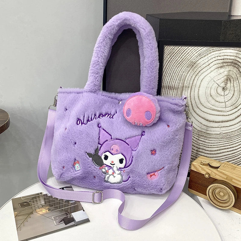 Kawaii Hello Kitty Plush Shoulder Bag | My Melody Cinnamoroll Kuromi Cute Cartoon Anime Handbag (Soft Storage Bag for Women & Girls) Luxegan