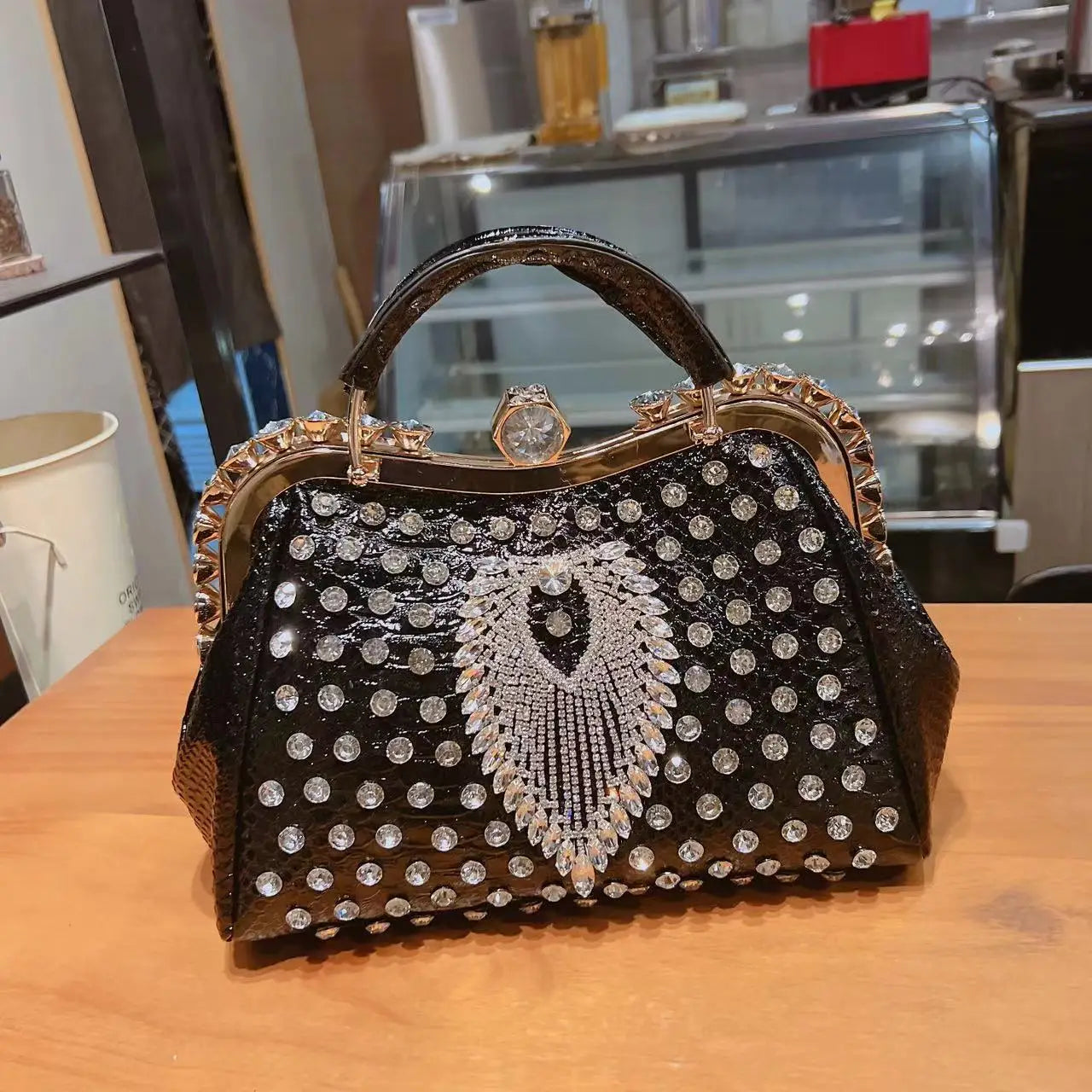 PU Leather Serpentine Frame Bag | Hard Rhinestones Top-Handle Crossbody Luxegan