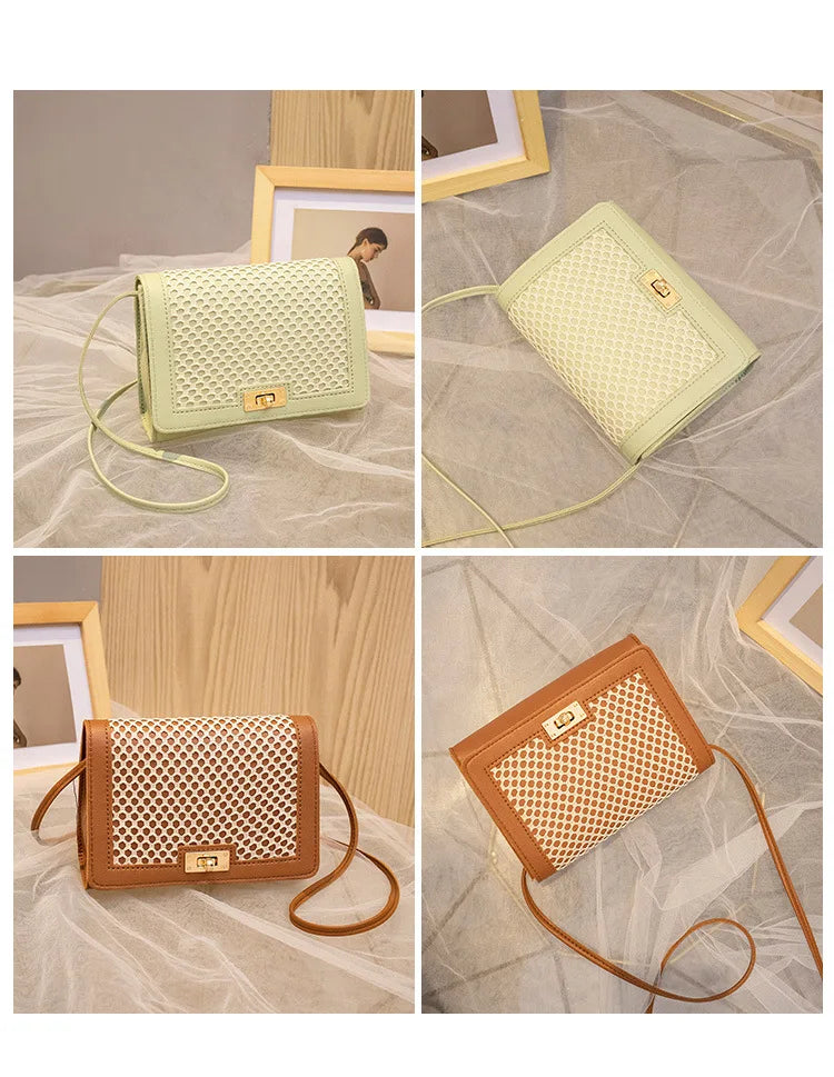 New Fashion Women’s Messenger Bag | Trendy All-Match Small Square Mesh Bag | Sophisticated Hit-Color One-Shoulder Mobile Phone Bag | Elegant TPU Satchel with Criss-Cross Detail Luxegan