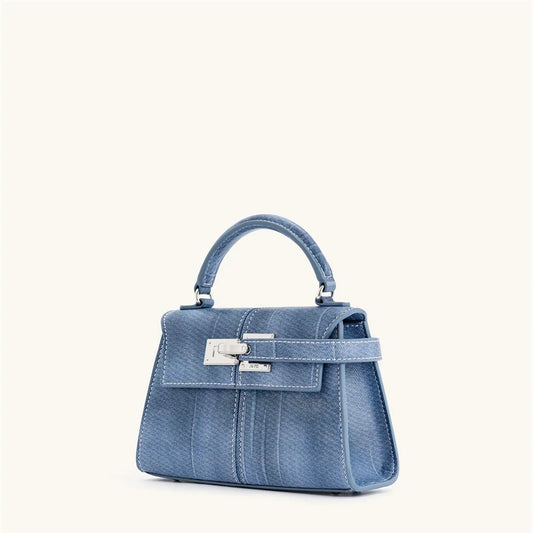 Designer Denim Blue Leather Crossbody Tote | Classic Small Square Bag Luxegan