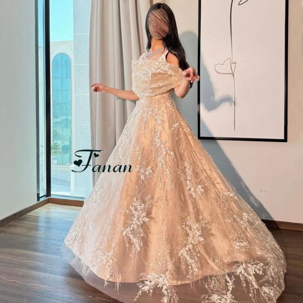 Customized Beige Off the Shoulder A-line Evening Dress Lace Appliques Spaghetti Strape Party Prom Gown Floor Length Prom Gowns
