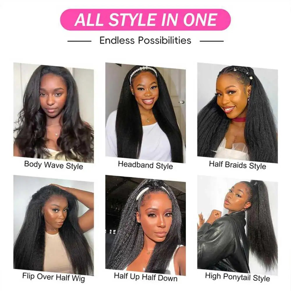 Afro Kinky Straight 3-In-1 Half Wig | Sophisticated "Seamless Flip-Over" Silhouette | Elegant 250% Density Drawstring Hairpiece | "Dignified" 30-Inch Brazilian Human Hair Wig for Radiant Versatile Styling Luxegan