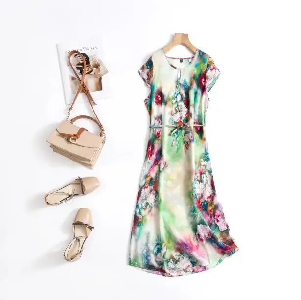 Print Round Neck Flare Sleeve Loose Straight Midi Dress – Mulberry Silk, Summer