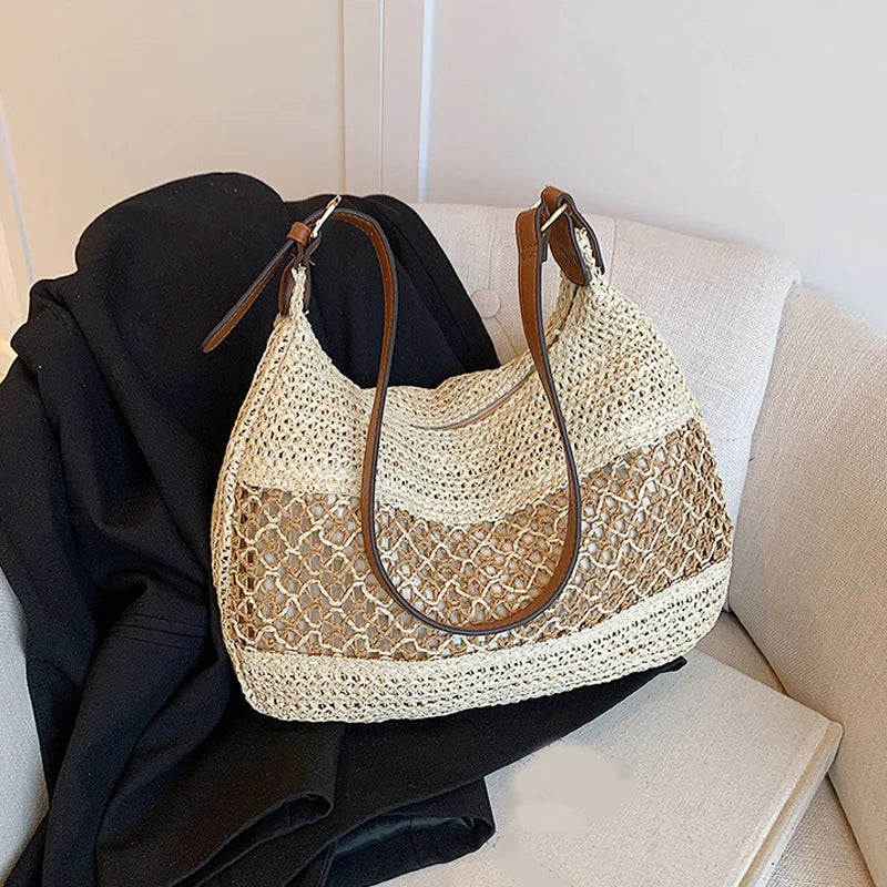 Large Capacity Summer Straw Weaving Shoulder Bag | Women's Handmade Crochet Beach Handbag & Woven Hollow Out Underarm Knitting Bag Luxegan