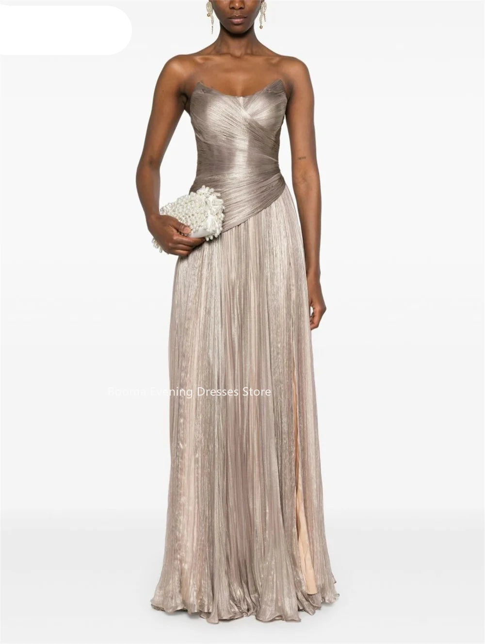 Elegant A-Line Strapless Evening Gown | Shiny Pleated Satin Formal Party Dress | Sophisticated Corset Prom Gown | Premium Sleeveless Floor-Length Non-Woven Gown Model 3MQF251208M Luxegan