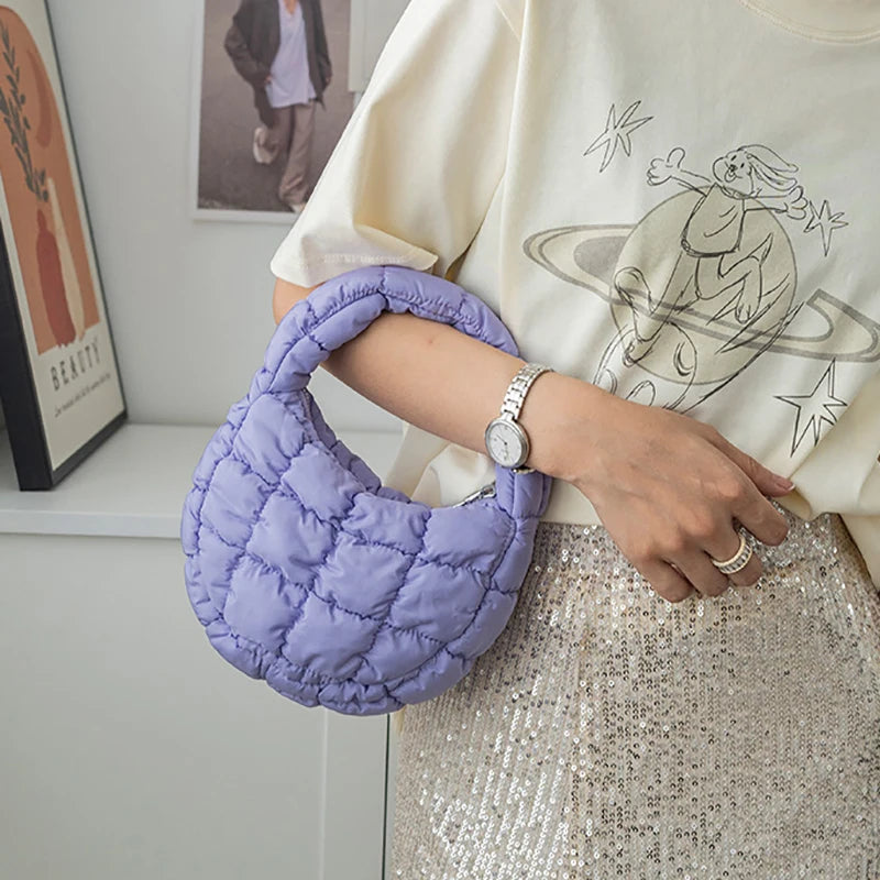 Soft Padded Mini Linen Baguette | Purple Quilted Phone Purse Luxegan