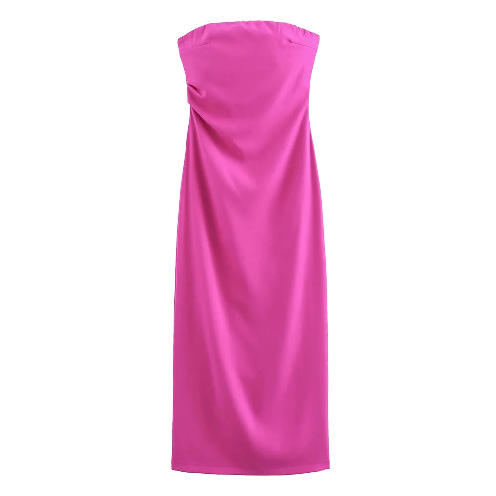 Strapless Gathered Straight-Neck Midi Dress | Solid Non-Stretch Back-Slit Cocktail Gown | Tailored Mid-Calf Regular Fit Dress Luxegan