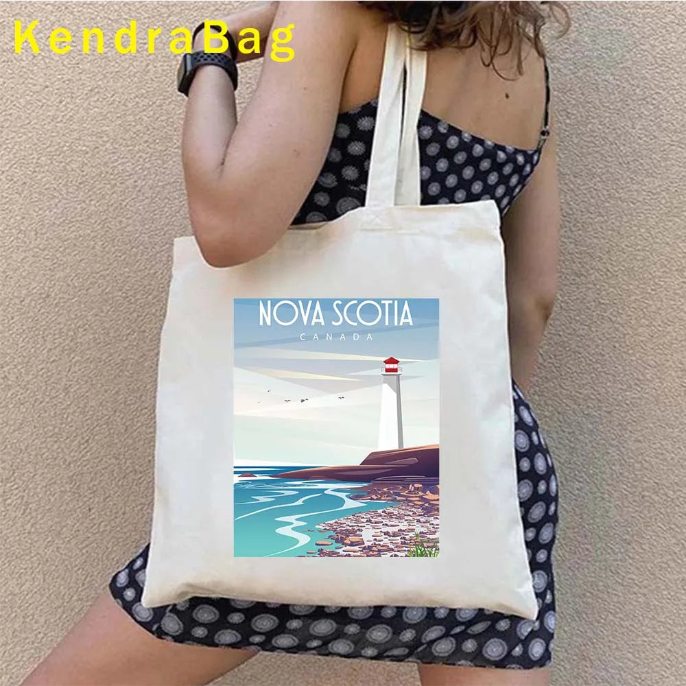 Canadian City Landscape Cotton Canvas Tote Bag | Happy Canada Day Tourist Gift | Reusable Eco-Friendly Shoulder Handbag (Women) Luxegan