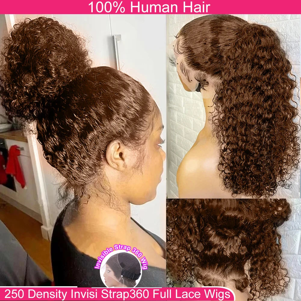 Invisi-Strap 360 Full Lace Wig | Sophisticated "Chocolate Brown" Deep Curly Silhouette | Elegant 250% Density HD Lace Frontal | "Dignified" Honey Blonde Brazilian Human Hair Wig for Radiant Versatile Styling Luxegan