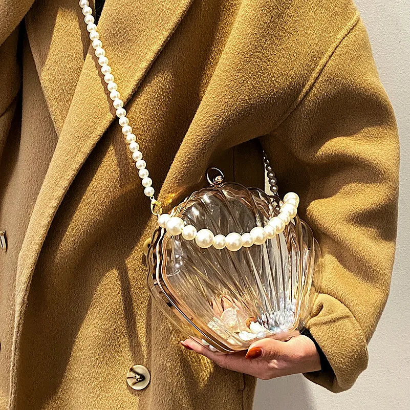 PVC Transparent Shell Bag | Hard Pearl Chain Crossbody & Evening Clutch Luxegan