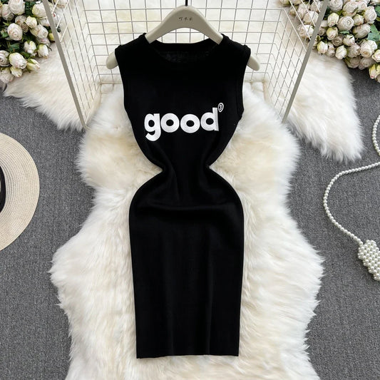 Women's Y2K Letter-Printed Knitted Mini Dress | Sexy Sleeveless Tank Bodycon Summer Dress | High Stretch Slim Fit Sheath Vestido | Office Lady Premium Empire Waist Knitwear Luxegan