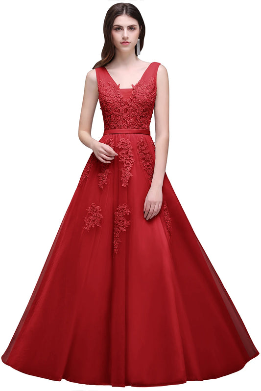 Women's Burgundy Velvet Evening Gown | Lace Appliques Tulle Prom Dress | Sexy V-Neck Backless Formal Party Dress | Premium Knit Sleeveless Floor-Length A-Line Vestido Model CPS304 Luxegan