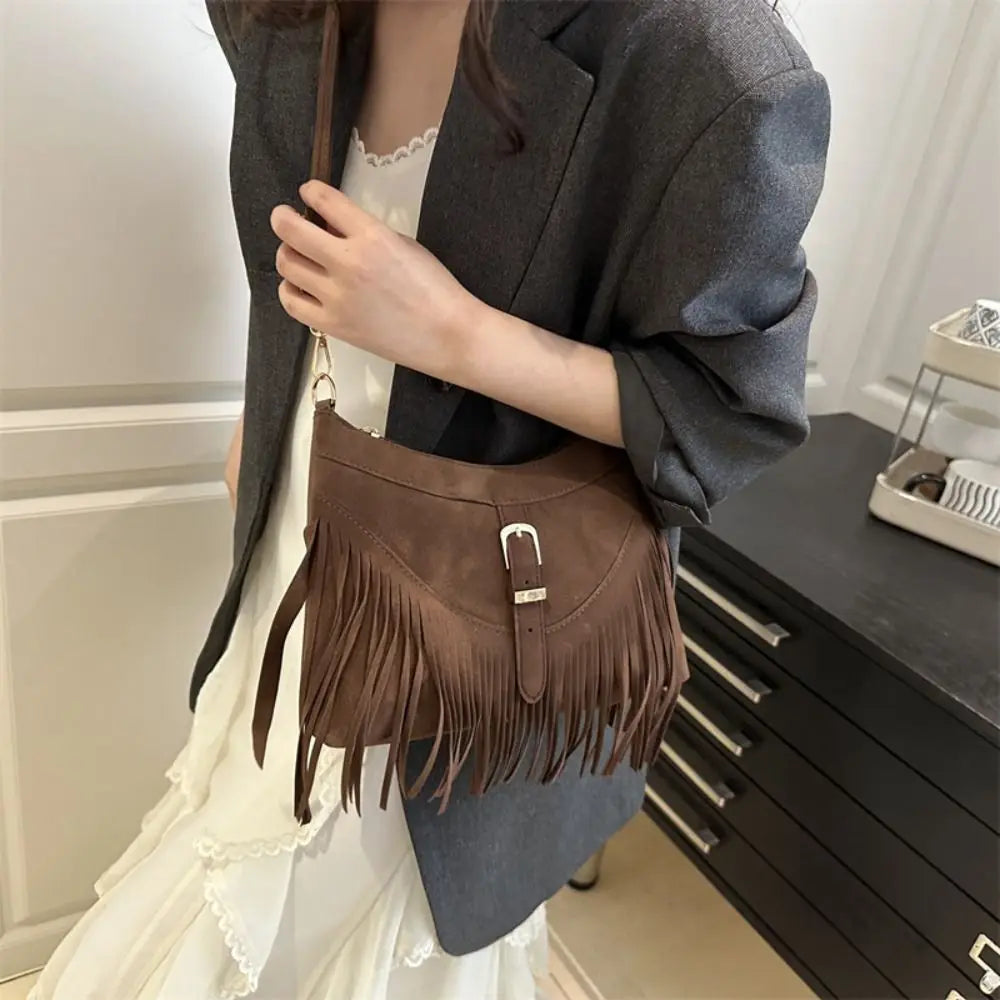 Casual Korean Tassel Shoulder Bag | Solid Color Suede & PU Leather Underarm Pack | Ethnic Bohemian Style Travel Handbag (Women) Luxegan