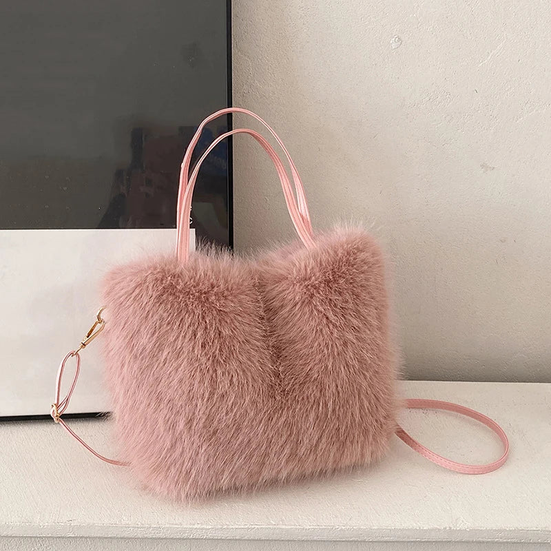 Faux Fur Tote Bag Women's | Bucket Plush Luxury Design Ladies Handbags & Soft Winter Crossbody Shoulder Bags (Bolsa Feminina) Luxegan