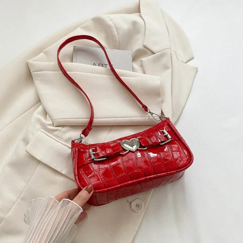 Women's Y2K Peach Heart Butt Leather Handbag | Alligator Pattern Underarm Shoulder Bag with Heart Pin Buckle (Fashion Girls Mini Tote) Luxegan