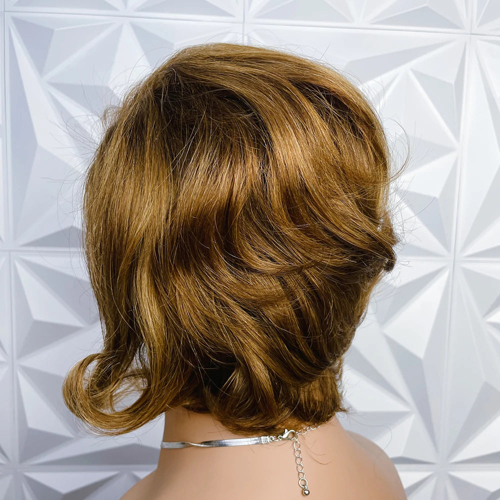 Short Pixie Cut Wavy Bob Wig | 13x4 Transparent Swiss Lace Frontal Wig | 100% Brazilian Remy Human Hair Highlighted Pixie Bob Wig with Pre-Plucked Hairline for Women Luxegan