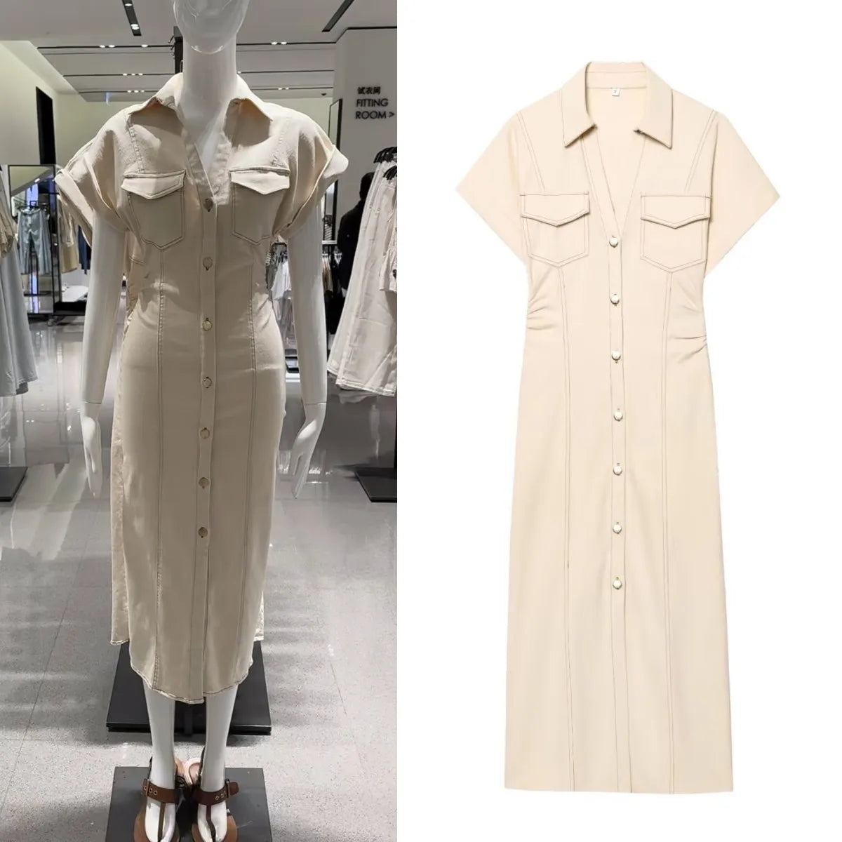 Liquid-Denim Pleated Midi Gown | Kinetic Single-Breasted Utilitarian Summer Dress | High-Street Turn-Down V-Neck Half-Sleeve Masterpiece | Ankle-Length H-Profile Straight Luxegan