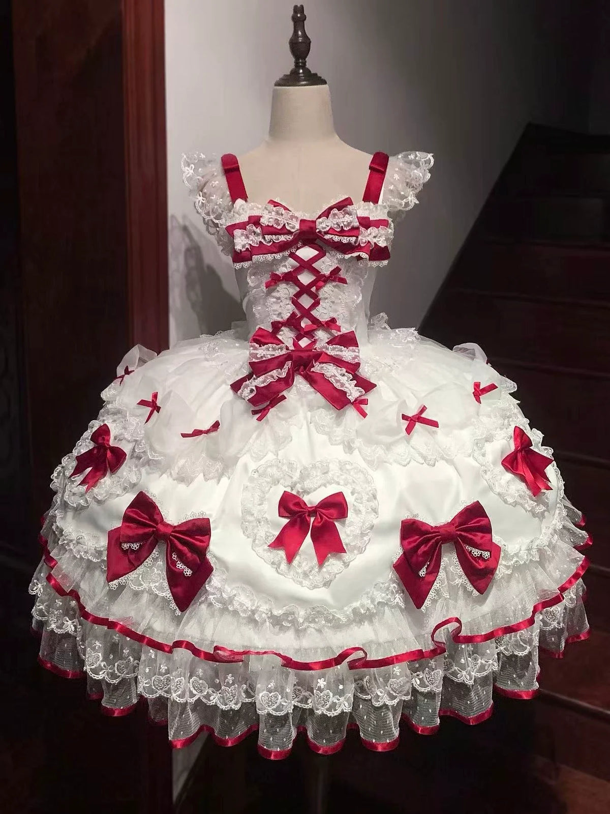 Sweet Lolita JSK Dress Set – Lace, Bow, Spaghetti Strap, Square Collar, A-Line