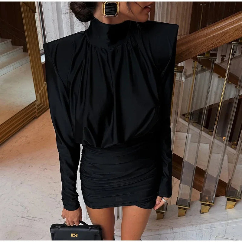 Women Black Pleated Shoulder Pad Dress Fashion Full Sleeve High Collar Slim Mini Dresses 2025 Lady Daily Commute Elegant Gowns