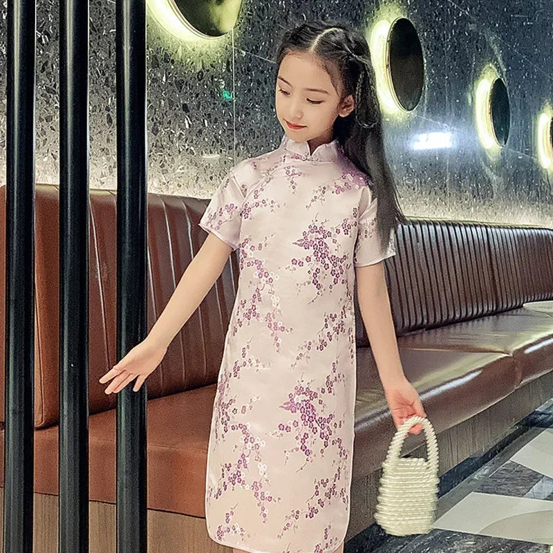 Girls' Modern Cheongsam Chinese Style Dress | Summer Kids Casual Flower Print Clothes | Short-Sleeve Turtleneck Knee-Length Straight Dress Luxegan