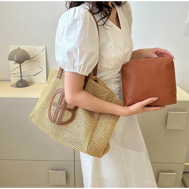 Straw Hollow Out Knitting Tote Bag | Large Capacity Handmade Shoulder Bag & Casual Beach Bag Luxegan