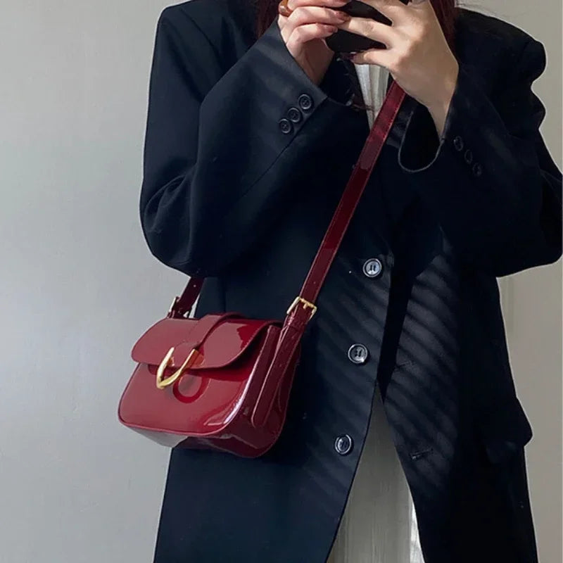Retro Patent Leather Flap Crossbody | Solid Color Saddle Shoulder Bag Luxegan