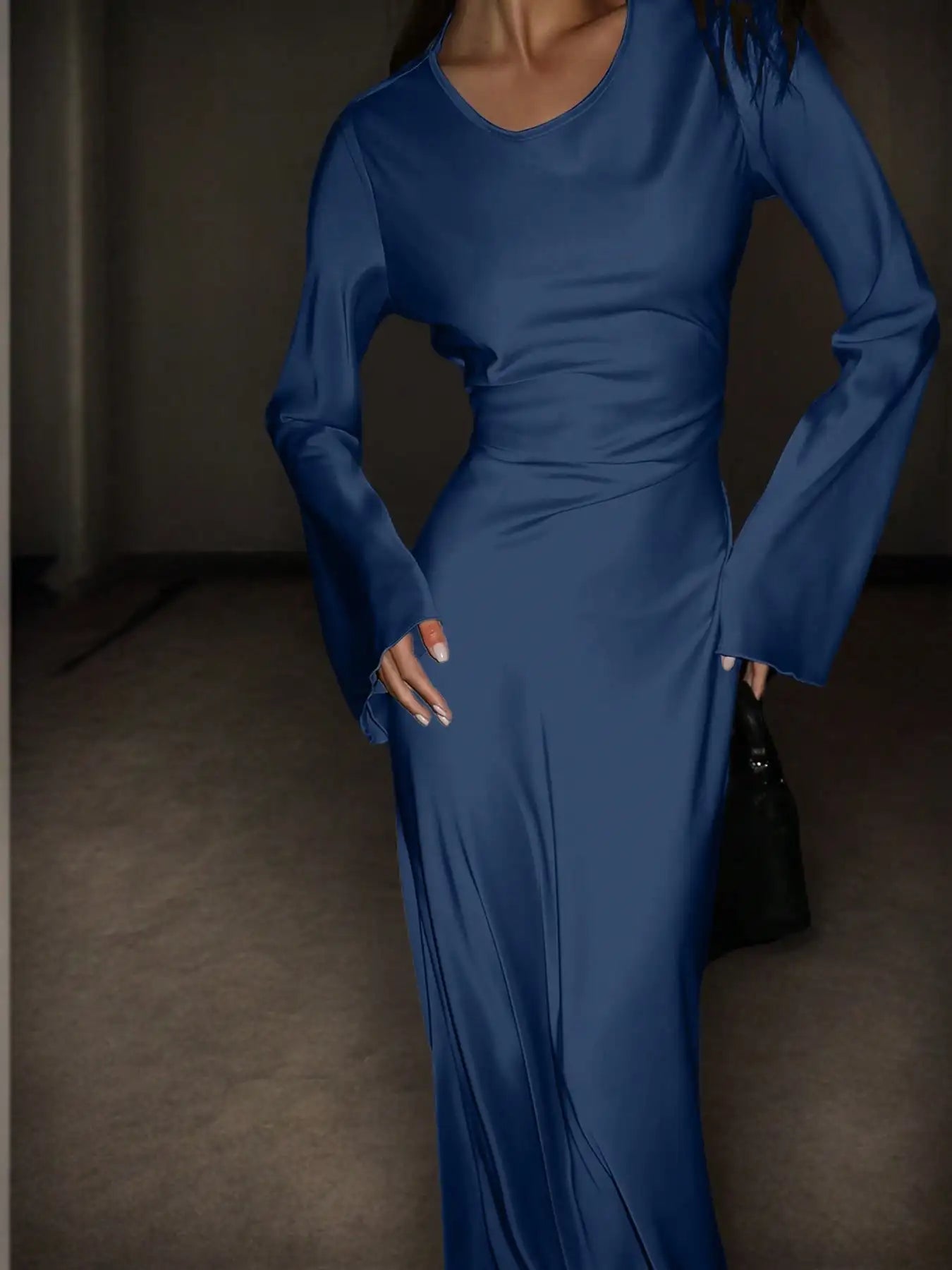 Bespoke Satin Corset Maxi Dress | Dramatic Flared Sleeve Luxury Evening Gown | Solid Round-Neck Slim Fit Mermaid Dress Luxegan
