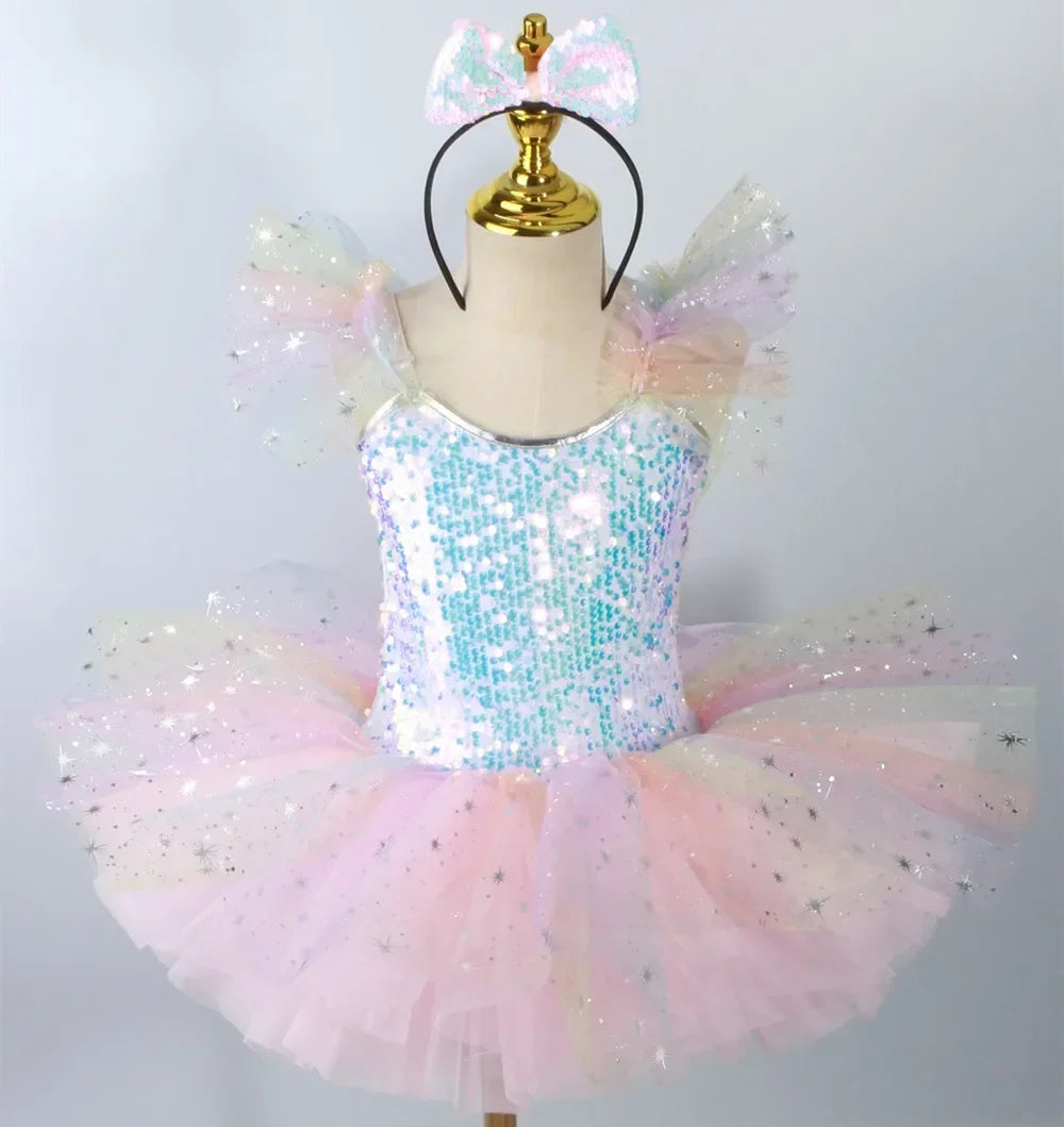 Girls' Tiered Patchwork Tutu Party Dress | Cute Princess Stage Dance Costume | Summer Sleeveless O-Neck Mini Ball Gown Kids Outfit Luxegan