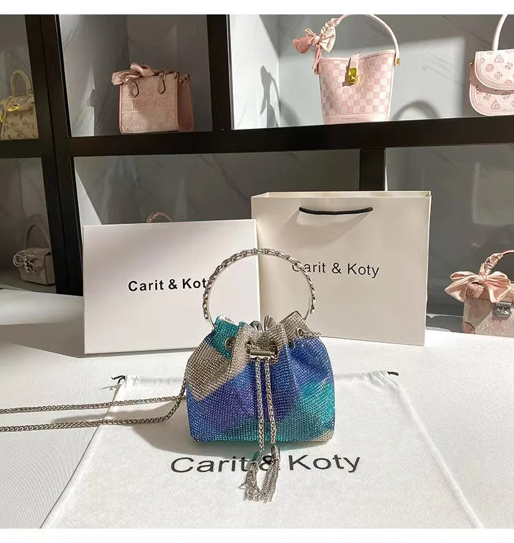 Fashion Metal Ring Handle Bucket Bag | Glitter Shiny Diamond Evening Purse | Luxury Rhinestone Wedding Party Clutch & Crossbody Bag (Model SHRF38) Luxegan