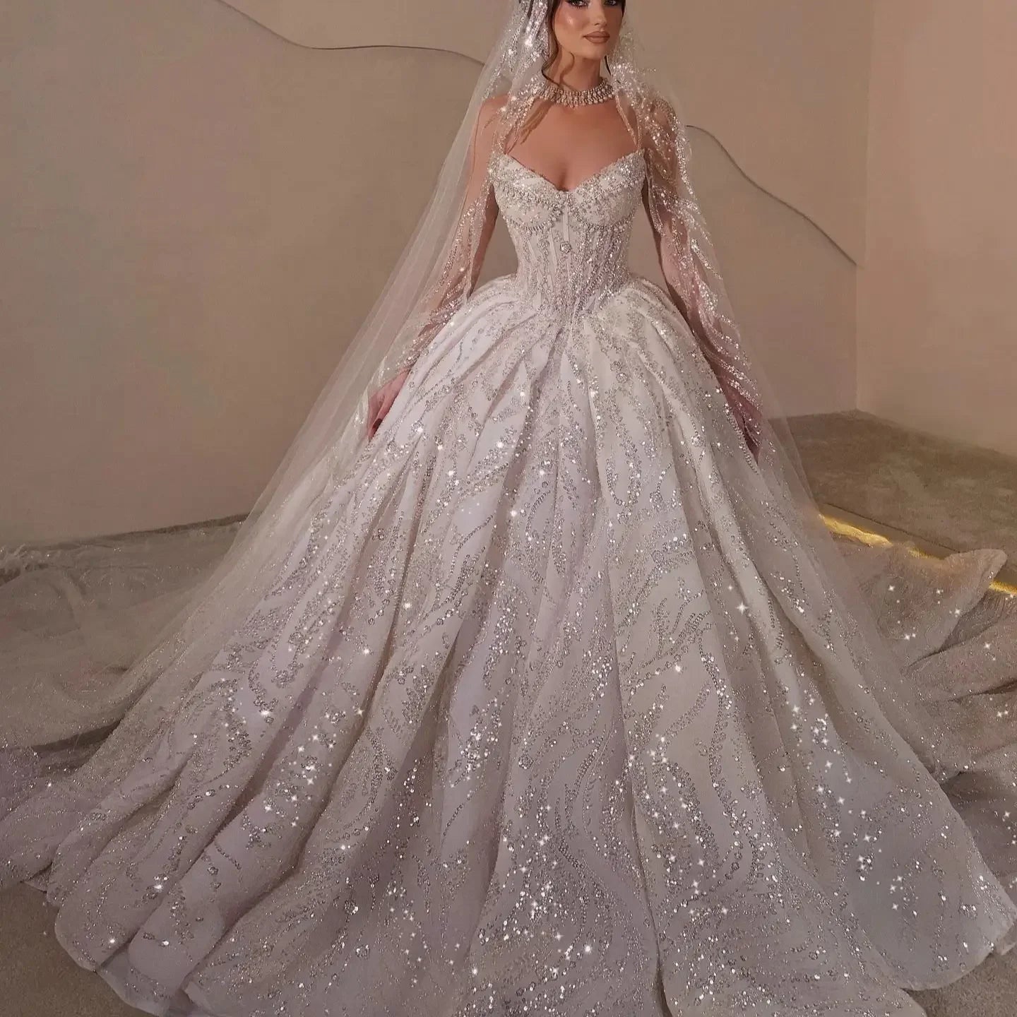 Luxury Sparkling Princess Wedding Dress | Customized Pearl Bridal Ball Dress | Strapless Sleeveless V-Neck Satin A-Line Bridal Gown with Sweep Train Luxegan