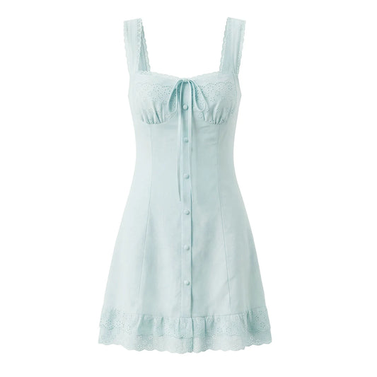 Spaghetti Strap Lace Spliced Ruched Corset Cross Lace-Up Back Ruffle Hem Mini Dress | Sweet Camisole Tank Dress Luxegan