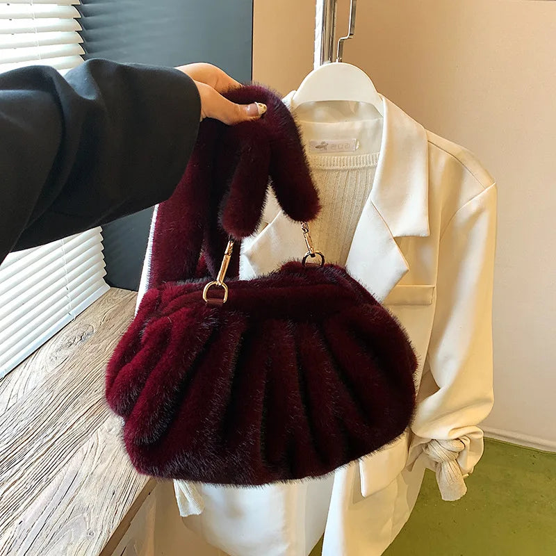 Mink Fur Texture Cloud Shell Bag | Sophisticated "Wrinkle Relaxed" Silhouette | Elegant Winter Fashion Tote | "Dignified" High-Performance Felt Accessory for Radiant Versatile Styling Luxegan