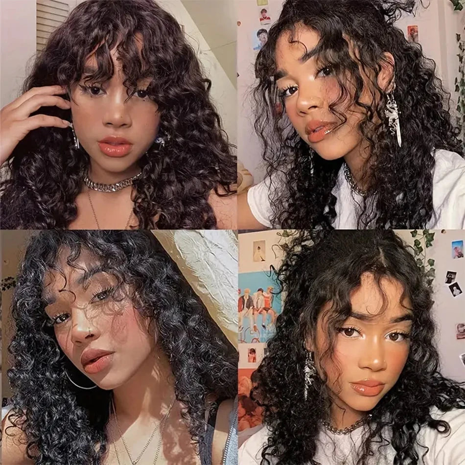 12A Grade Kinky Curly Human Hair Wig with Bangs | 100% Brazilian Virgin Human Hair Glueless Wig | Fully Machine-Made Water Wave & Jerry Curl Fringe Wig for Women Luxegan