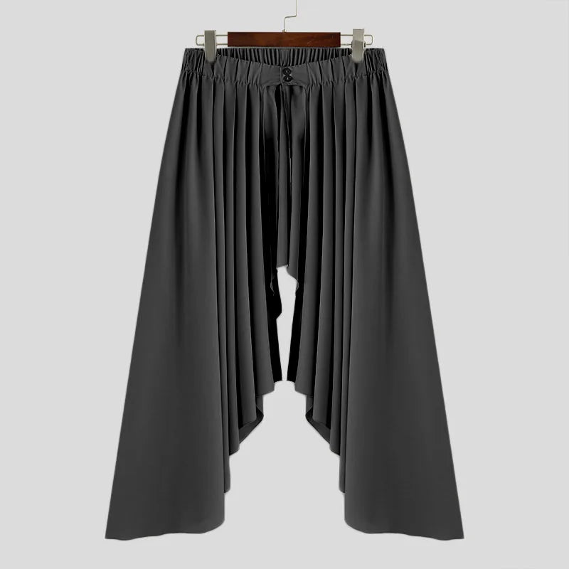 Men’s Irregular Pleated Skirt | Sophisticated Mid-Waist Loose Silhouette | Elegant "Ankle-Length" Split Streetwear | "Dignified" Button Fly Unisex Bottoms for Radiant Versatile Styling Luxegan