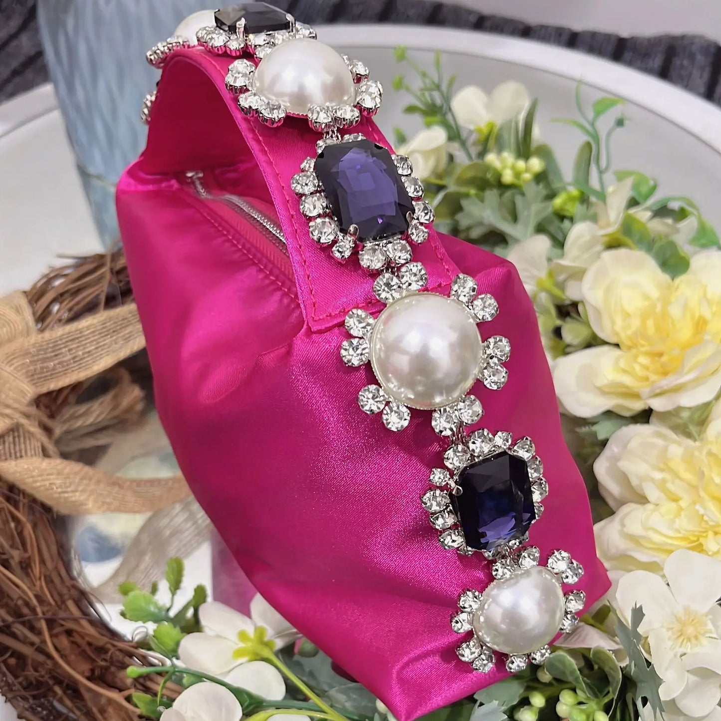 Luxury Feather & Pearl Evening Clutch | Designer Satin Wedding Purse with Diamond Decoration | Fashionable Sparkling Square Party Tote | Elegant White Satin Flap Handbag Luxegan