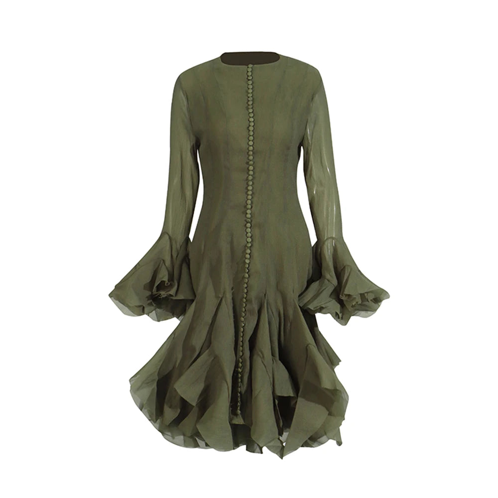 Patchwork Ruffle Butterfly Sleeve Midi Dress | Round Neck Irregular Hem High Waist Elegant Dress Luxegan