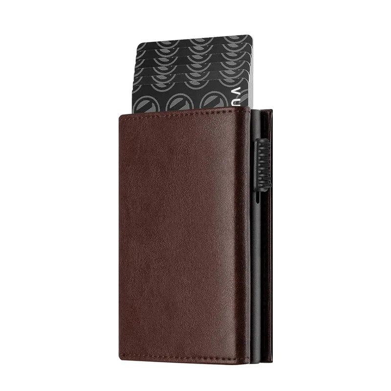 Men's Pop-Up Minimalist Card Holder Wallet | Premium RFID-Blocking Slim Metal Bank Card Case | PU Leather Pocket Organizer Wallet with Money Pocket & Coin Compartment Model 1688 Luxegan