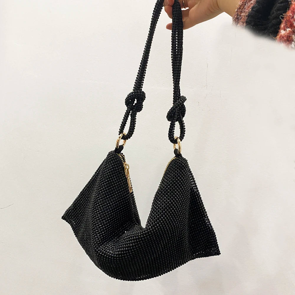 Luxury Designer Rhinestone Hobo Bag | Handmade Shining Crystal Evening Clutch | Metallic Silver - view 5