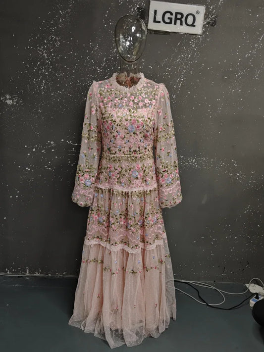 Mesh Embroidery Long Sleeve Maxi Dress | Fairycore Empire Waist Perspective Evening Gown Luxegan
