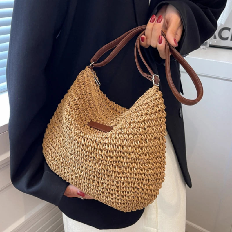 Women’s Fashion Straw Shoulder Bag | Large Capacity Paper Woven Handbag | Casual Summer Beach Tote with Zipper Closure | Minimalist Daily Straw Purse Luxegan