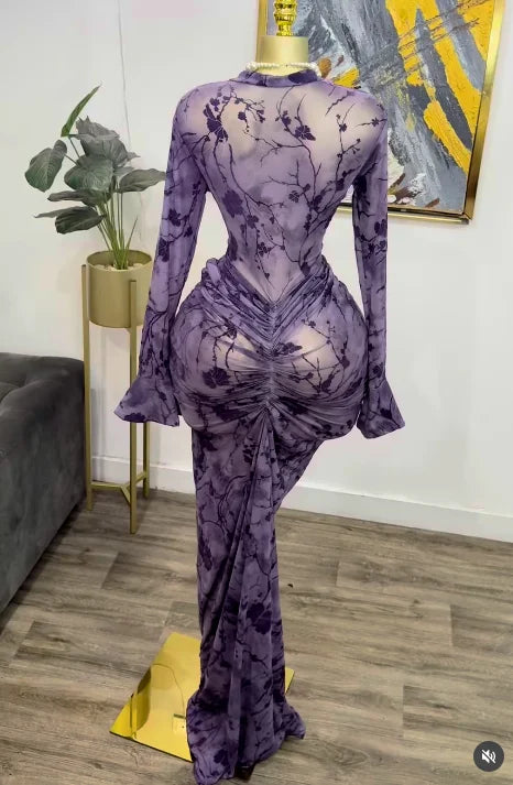 Long Sleeve Stacked Mesh Maxi Dress | Sexy See-Through Evening Gown with Premium Lining | Autumn Birthday Clubwear Bodycon Dress | Elegant O-Neck Flare Sleeve Floor-Length Pencil Robe Luxegan