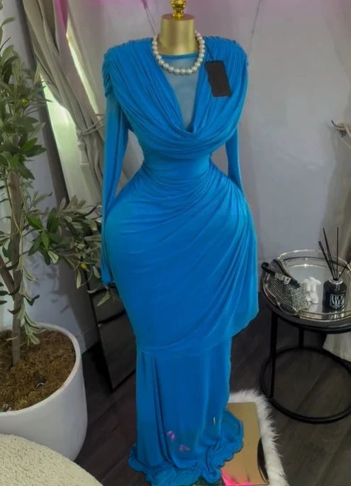 Ruched Mesh Maxi Dress – Long Sleeve, O-Neck, Floor-Length Party Dress Luxegan