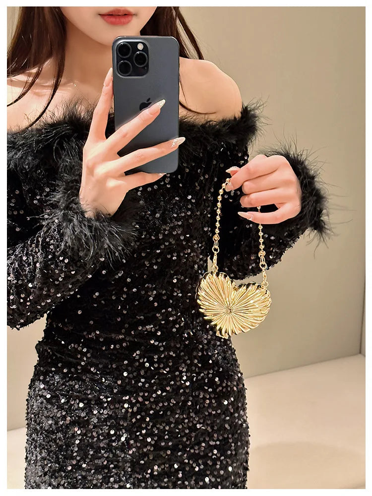 Metallic Heart Shell Minaudiere | Hard Golden/Silver Designer Evening Clutch Luxegan