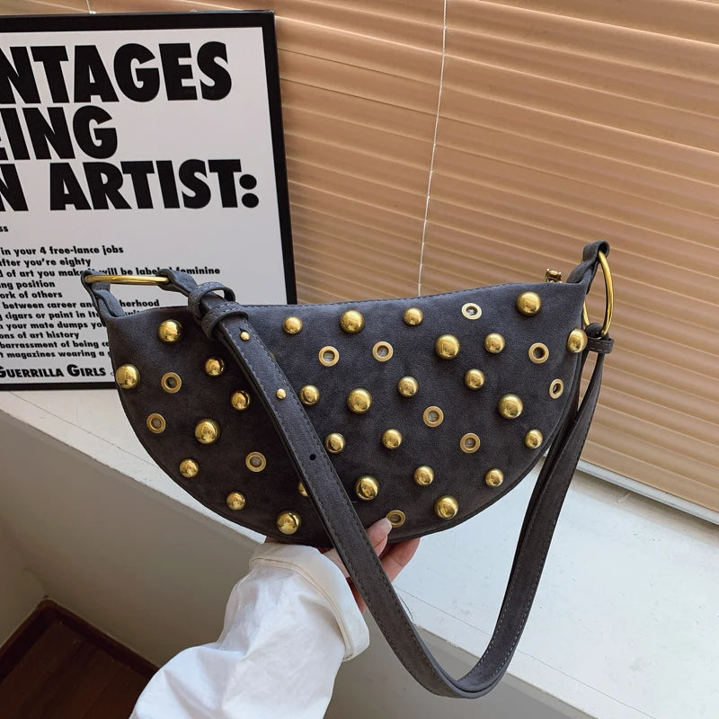 Women's Branded Half-Moon Shoulder Bag | Premium Faux Suede Crossbody Hobo Bag | Latest Designer Handbags Luxury | Soft Dot-Patterned Underarm Purse with Hollow-Out Rivet Decor Luxegan
