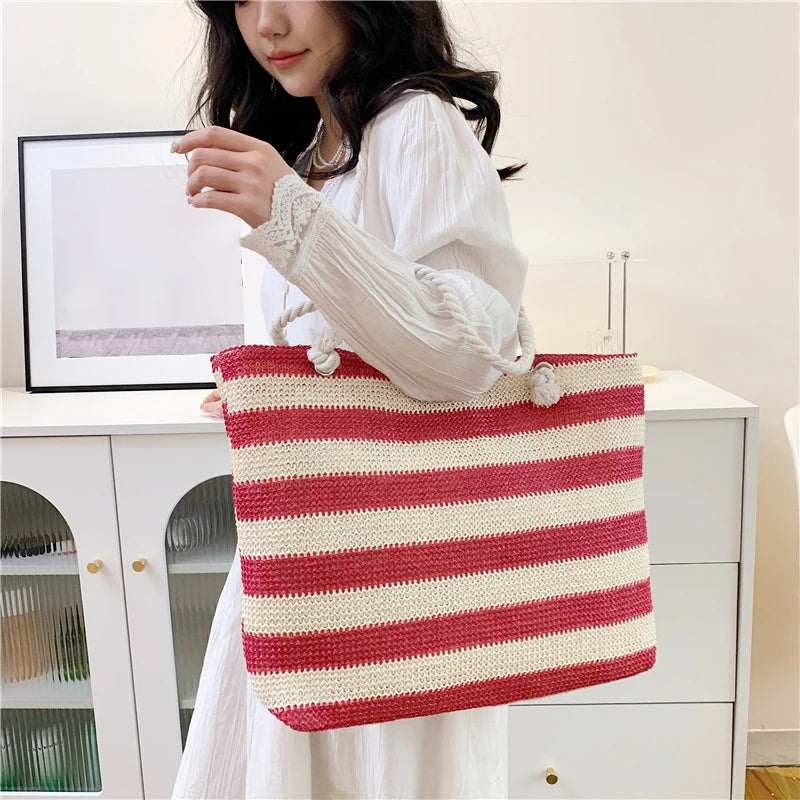 Color-Contrast Straw Shoulder Bag | Sophisticated Large Capacity Beach Handbag | Elegant Summer Daily Tote | "Dignified" Hard-Shell Woven Purse for Versatile Seasonal Styling Luxegan