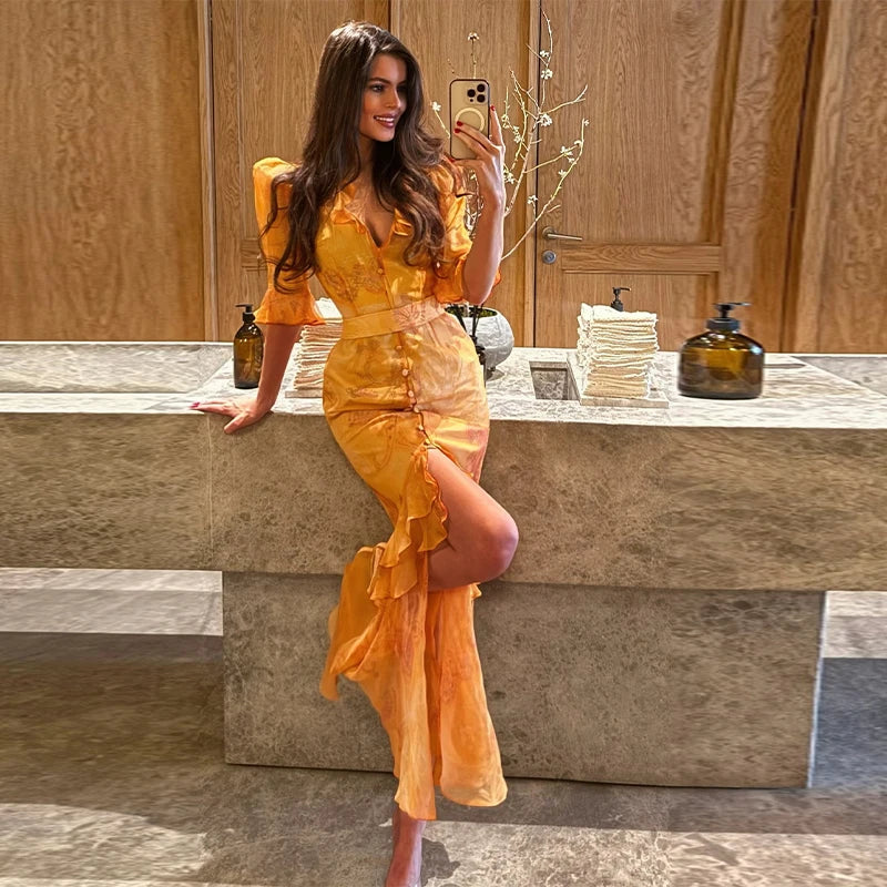 Organza Floral Printed Maxi Dress V-Neck  Puff Sleeve 2026 Spring/Summer Romantic Women Party Gown Fashion Elegant Lady Vestidos