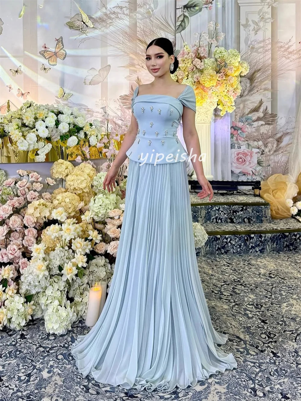 Rhinestone Draped Jersey A-Line Off-Shoulder Gown | Bespoke Formal Evening Dress Luxegan