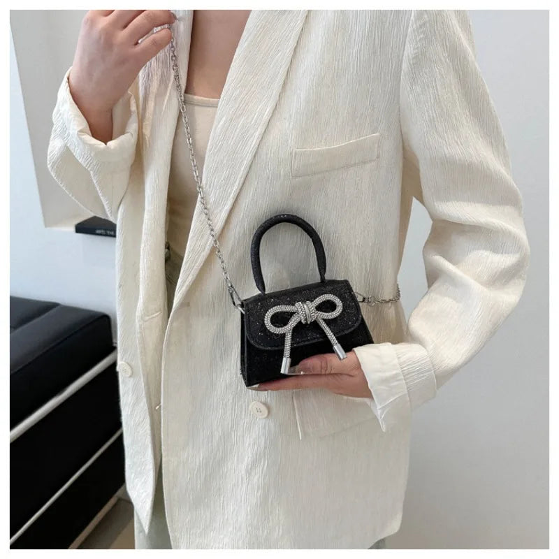 Glitter Small Square Handbag | PU Leather Bow Design Shoulder Bag