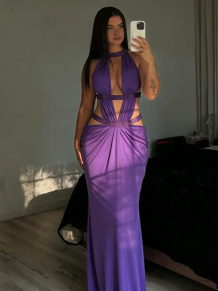 Sparkle Patchwork Backless Maxi Dress | Sexy Irregular Bandage Vacation Gown | Summer Medium-Stretch Slim Fit Sheath Dress Luxegan