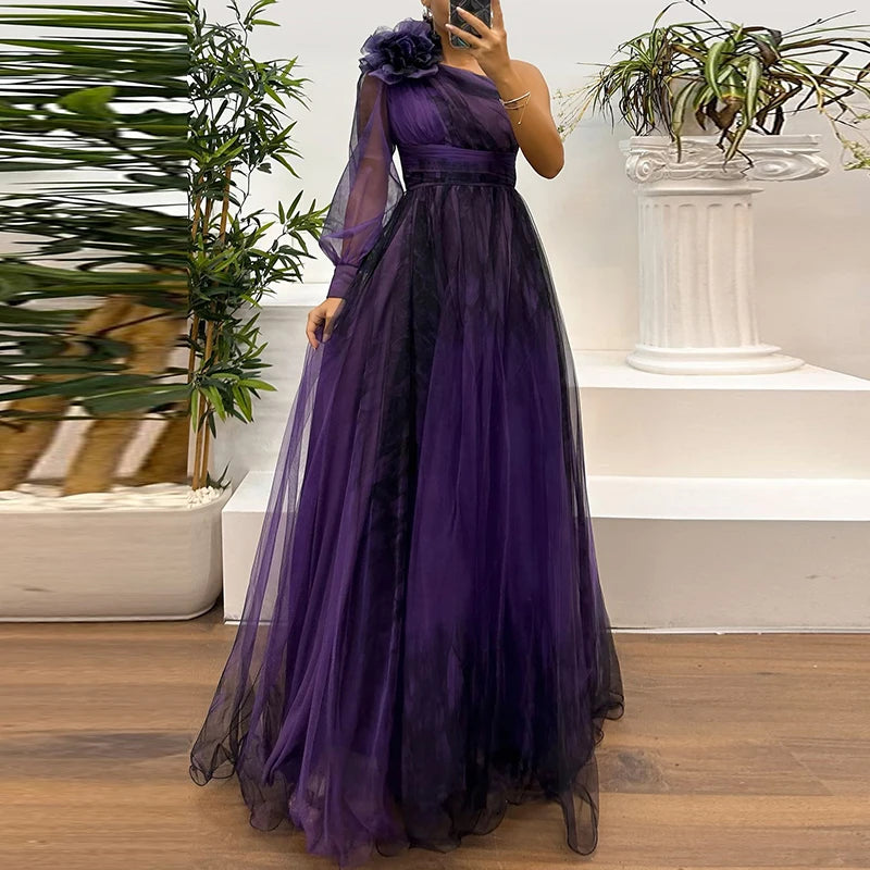 Women's Vintage Pattern Printed High Waist Long Dress | Sexy Asymmetric Mesh Evening Gown | Elegant One-Shoulder Full Sleeve Pleated Bridesmaid Dress | Loose Fit Ankle-Length Model 47881 Luxegan